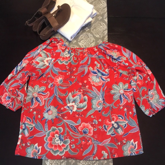 [NSR] Tie Neck Red/ Blue Floral Lightweight Blouse - Picture 7 of 8